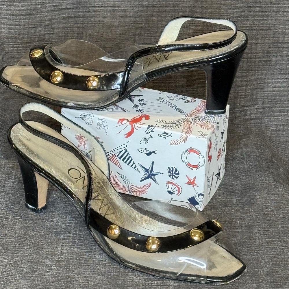 Vintage Amano Shoes Heels Women's Black Patent Leather & Gold Button Accent 8.5